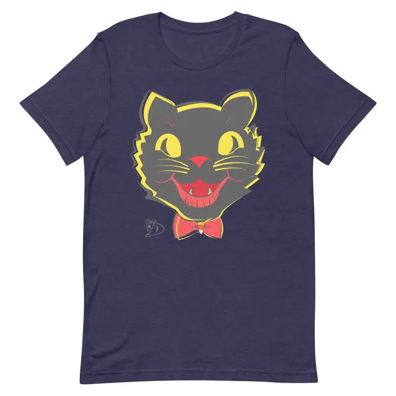 Navy blue whimsical vintage cat unisex t-shirt with cartoon black cat face and bow tie