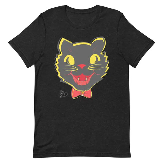 Black t-shirt featuring a whimsical vintage cat design with yellow eyes and a red bowtie