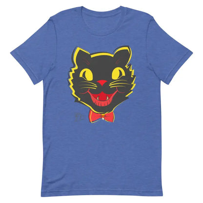 Whimsical Vintage Cat Unisex T-Shirt in blue featuring a cat face design with yellow eyes