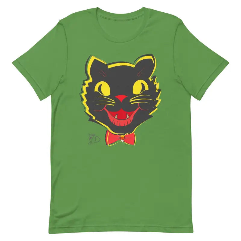 Green vintage cat unisex t-shirt featuring whimsical black cat face with yellow eyes