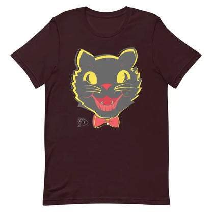 Maroon whimsical vintage cat unisex t-shirt featuring a grinning black cat face