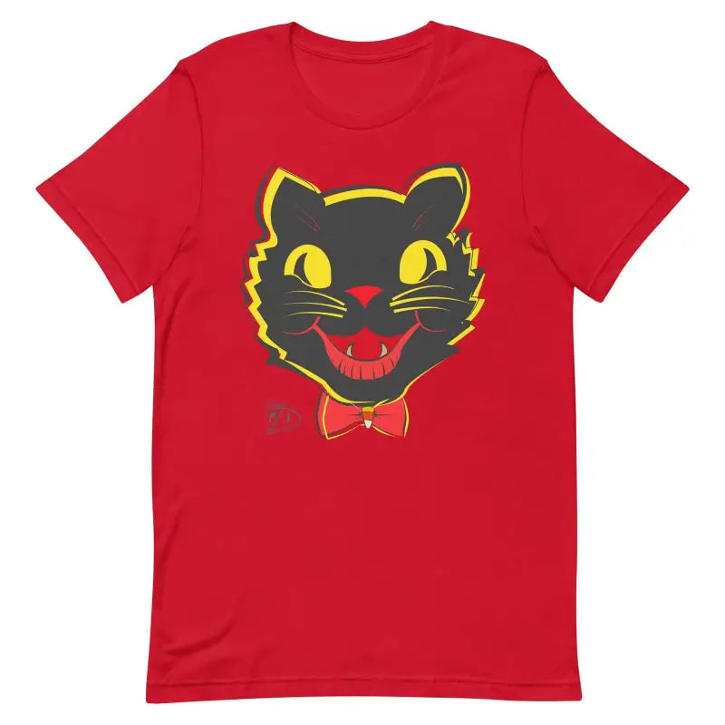 Red t-shirt with whimsical vintage cat face and bow tie, perfect for cat unisex fashion