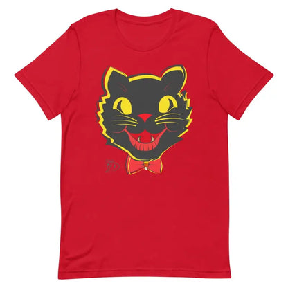 Red t-shirt with whimsical vintage cat face and bow tie, perfect for cat unisex fashion