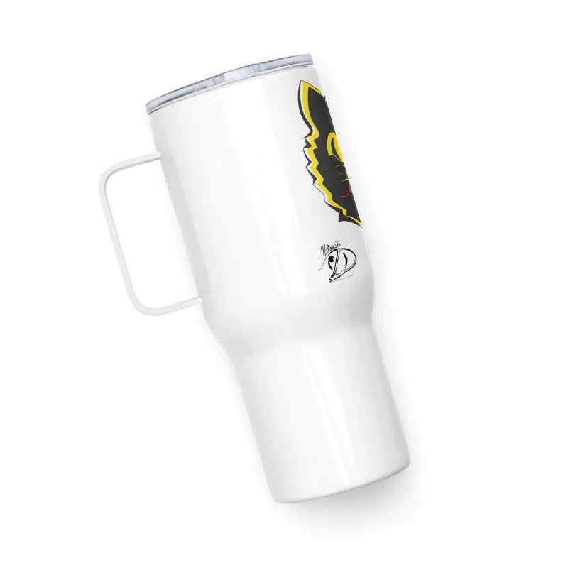 White insulated cat travel mug with handle and black/yellow logo, Vintage Black Cat design