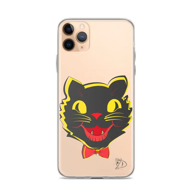 Black cat face with yellow eyes and a bowtie on a sleek iPhone® case with aligned port openings