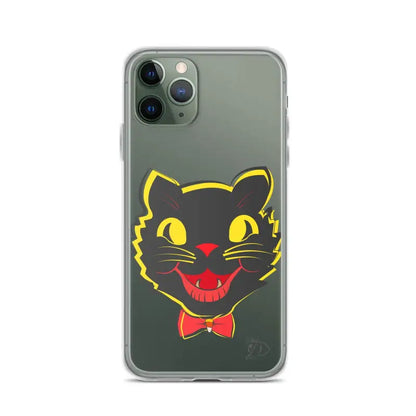 Sleek iPhone® Case featuring a black cat face design with yellow eyes and red bow tie