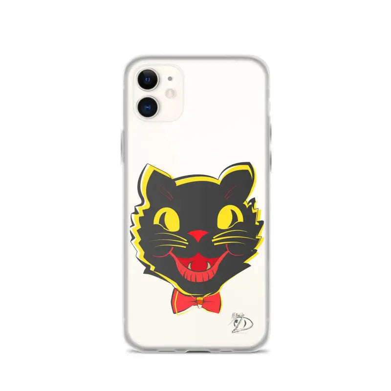 Clear iPhone® case with vintage black cat design, see-through polyurethane, aligned port openings