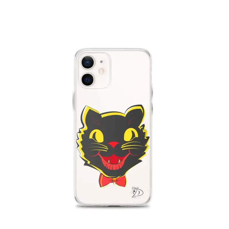 Clear iPhone® case with vintage black cat design, see-through polyurethane, and aligned port openings