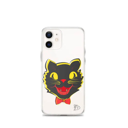 Clear iPhone® case with vintage black cat design, see-through polyurethane, and aligned port openings