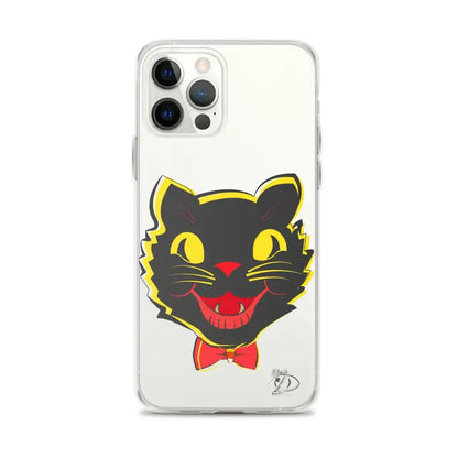 Black cat face with yellow eyes and bowtie on sleek iPhone® case with aligned port openings