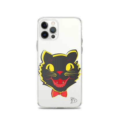 Black cat head with yellow eyes on sleek iPhone® case with aligned port openings