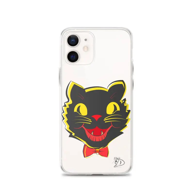 Black cat face with yellow eyes and a red bow tie on a sleek iPhone® case