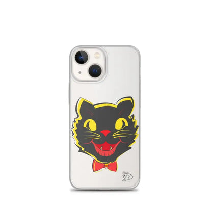 Clear iPhone® case with a retro black cat design, aligned port openings, and see-through polyurethane