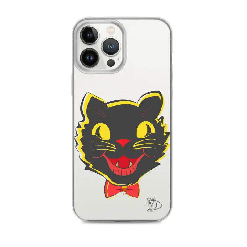 Clear iPhone® case with retro black cat design, aligned port openings, and see-through polyurethane