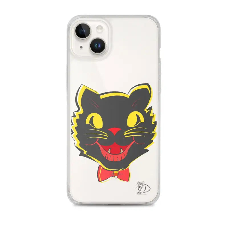 Black cat face with yellow eyes and red lips on sleek iPhone® case with aligned port openings