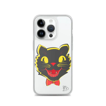 Clear iPhone® case with cartoon black cat, aligned port openings, and see-through polyurethane