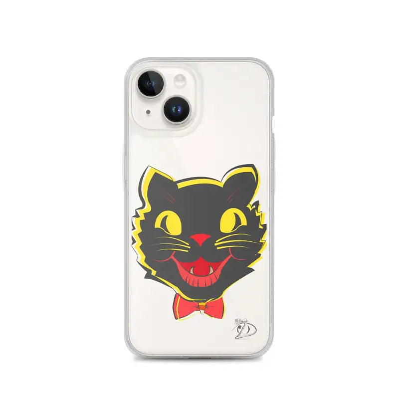 Black cat face with yellow eyes and red lips on a sleek iPhone® case with aligned port openings