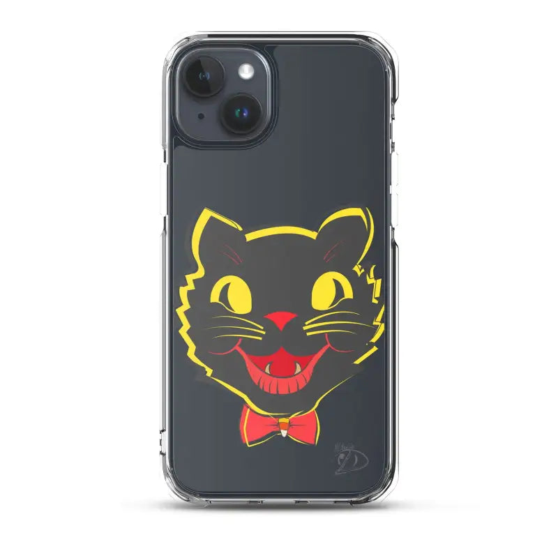 Black cat face with yellow eyes and red bowtie on sleek iPhone® case, aligned port openings