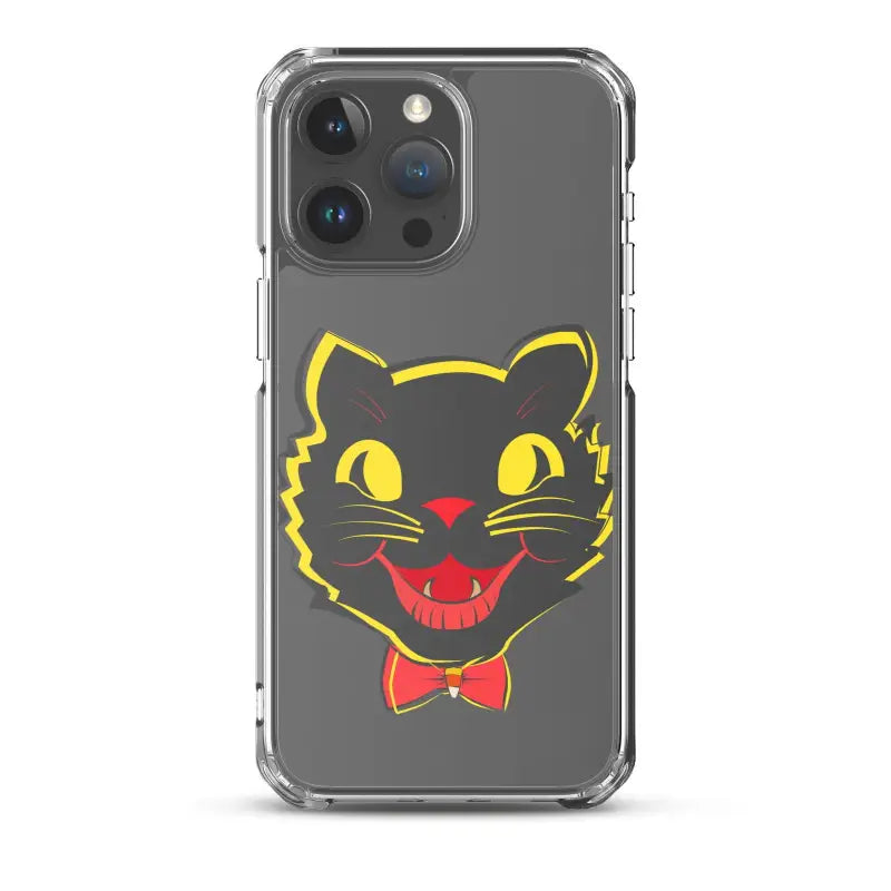 Clear iPhone® case with smiling black cat, yellow outlines, red bow tie, see-through polyurethane