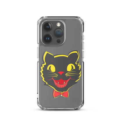 Clear iPhone® case with cartoon black cat face design featuring see-through polyurethane