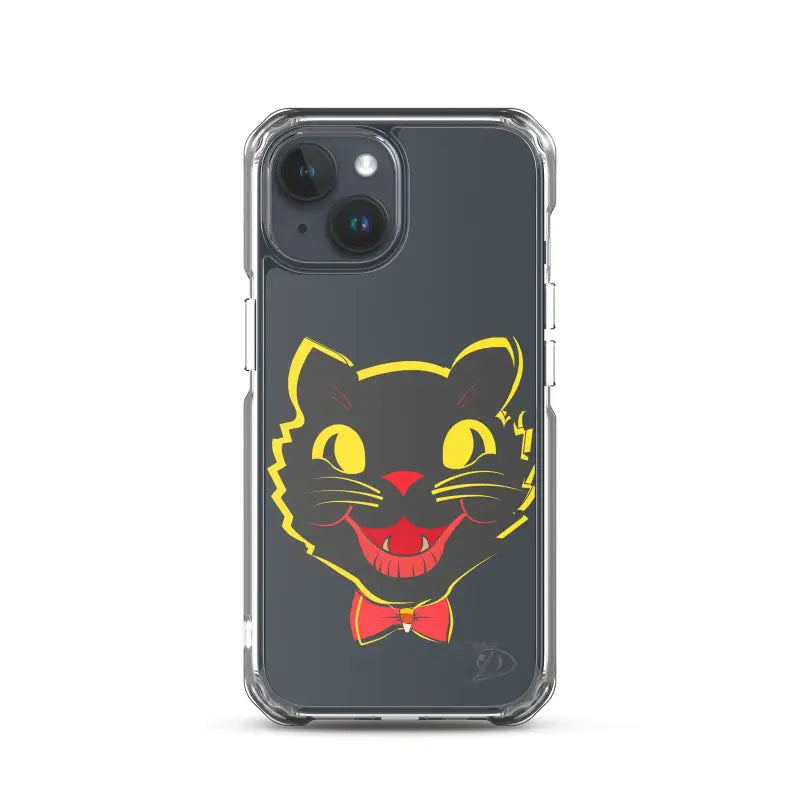 Sleek iPhone® case with yellow and red cartoon cat face and aligned port openings