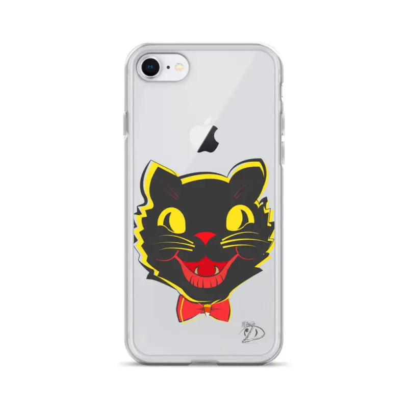 Clear iPhone® case showcasing vintage black cat design with aligned port openings