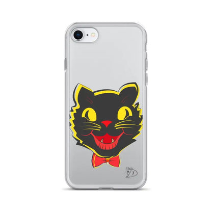 Sleek iPhone® case with retro black cat design, aligned port openings, and see-through polyurethane