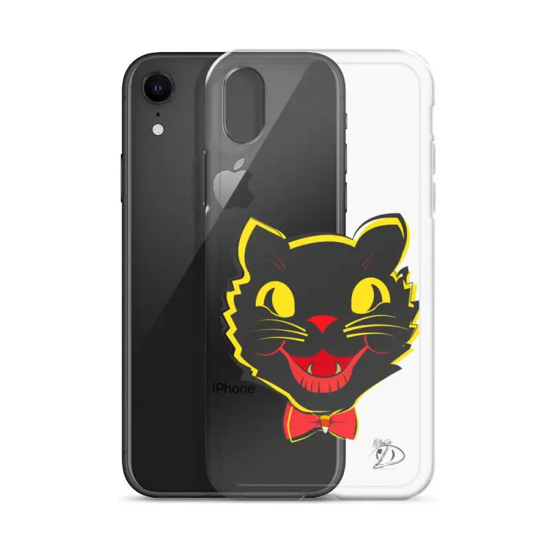 Sleek iPhone® case with black cat design, aligned port openings, and see-through polyurethane