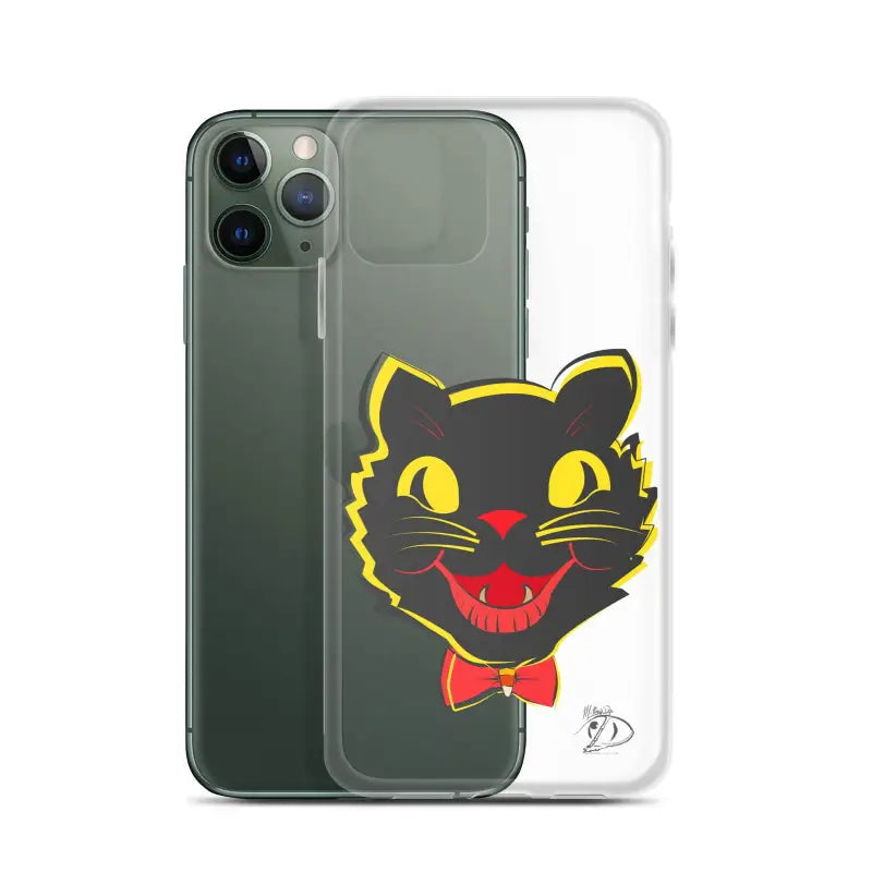 Black cat face illustration with yellow eyes on sleek iPhone® case featuring aligned port openings