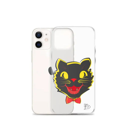 Clear Vintage Cat Guardian iPhone® Case with black cat design and aligned port openings