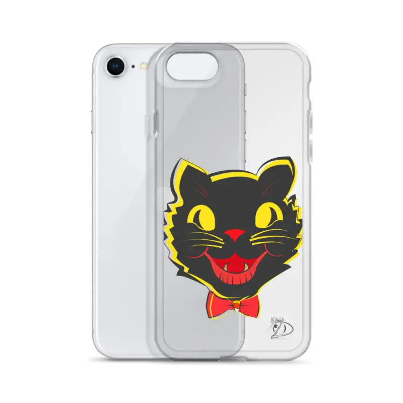 Clear iPhone® case with retro black cat design, sleek see-through polyurethane, aligned port openings