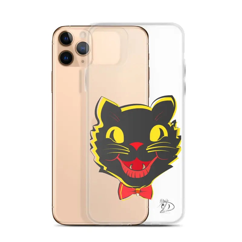 Black cat face with yellow eyes and red bowtie on a sleek iPhone® case with aligned port openings