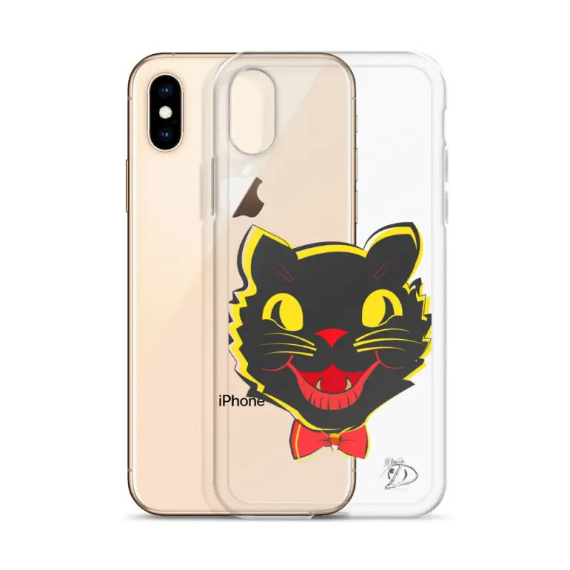 Clear iPhone case featuring a black cat design with yellow eyes and red bowtie for sleek protection