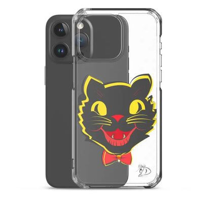 Sleek iPhone® case with black cat design, aligned port openings, in see-through polyurethane