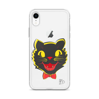 Black cat head with yellow eyes and red bowtie on a sleek iPhone® case, see-through polyurethane