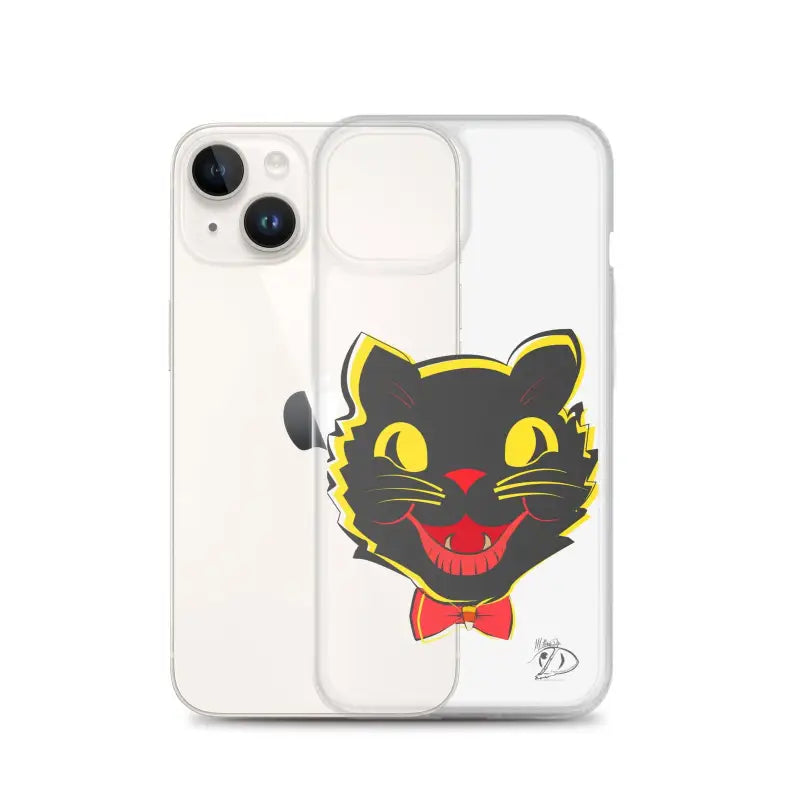 Sleek iPhone® Case with cartoon black cat face, yellow eyes, and red bowtie design