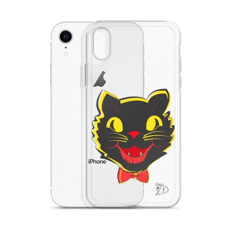 Sleek iPhone® case with cartoon black cat face, yellow eyes, and red bow tie in clear design