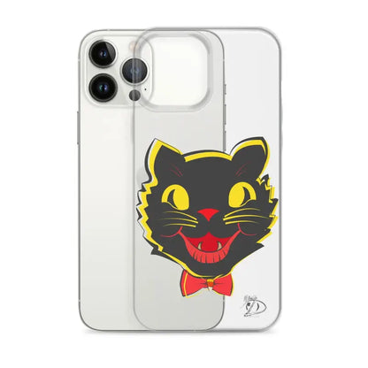 Black cat face with yellow eyes and red bow tie on a sleek iPhone® case