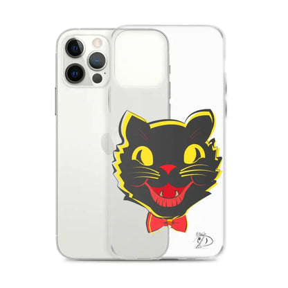 Clear Sleek iPhone® Case with Smiling Black Cat Face, Yellow Edges, and Red Bow Tie