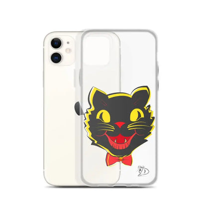 Sleek iPhone® case featuring a cartoon black cat face with yellow eyes and a red bowtie