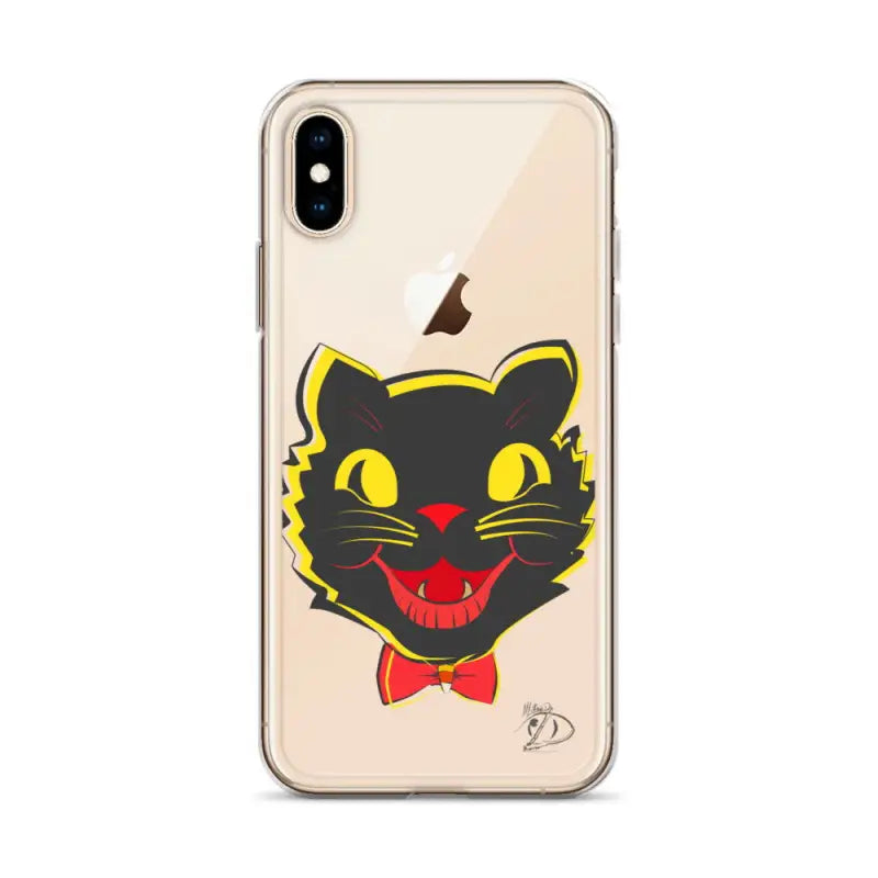 Black cat head with yellow eyes and red bow tie on sleek iPhone® case for timeless protection