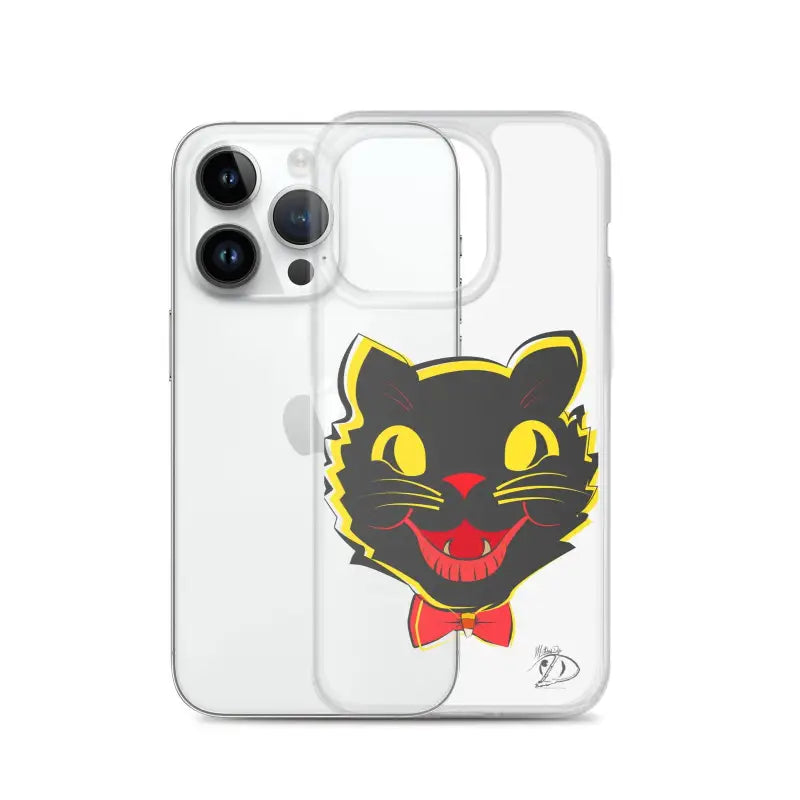 Clear iPhone® case with black cat head design, yellow eyes, and red bow tie, sleek protection