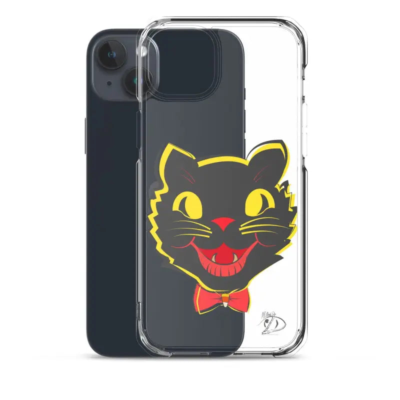 Clear iPhone® case with black cat design and red bow tie, features aligned port openings