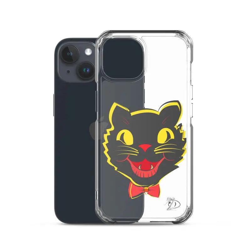 Clear phone case showcasing a smiling black cat design with sleek iPhone® case features