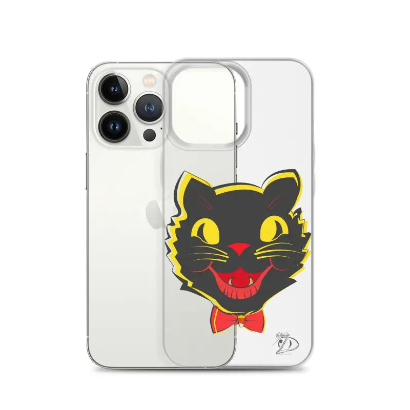 Sleek iPhone® Case with a black cat design, yellow eyes, and aligned port openings