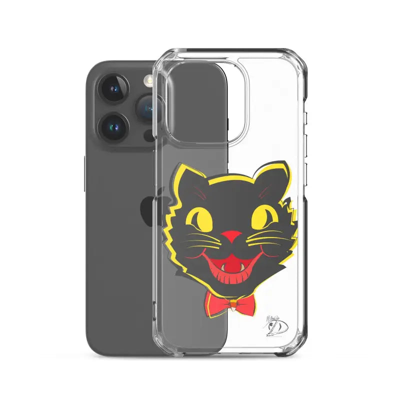 Clear phone case with a smiling black cat design, sleek iPhone® case with aligned port openings