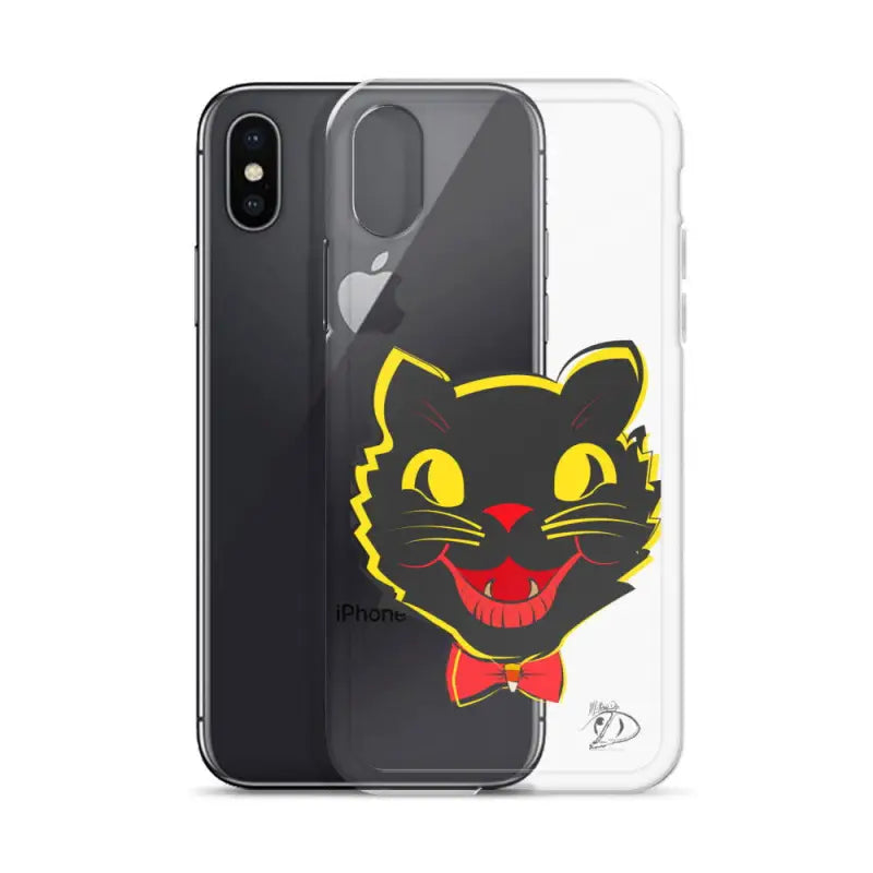 Clear iPhone® case featuring black cat face design with red accents and aligned port openings