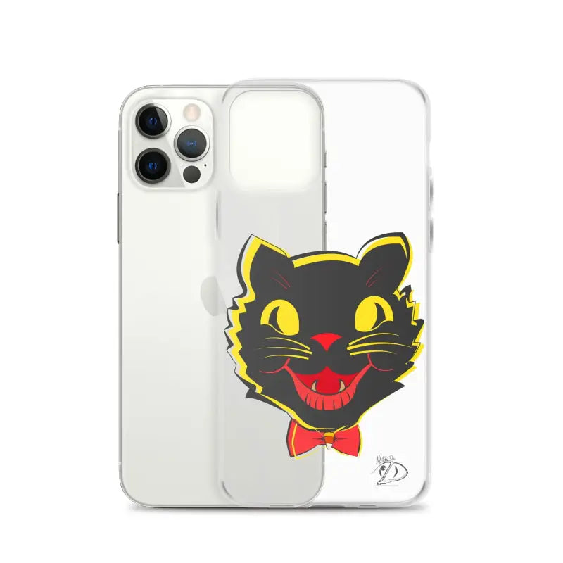 Clear phone case with black cat face design, sleek iPhone® case with aligned port openings