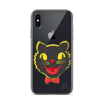 Yellow cat face with red bow tie design on a sleek iPhone case with aligned port openings