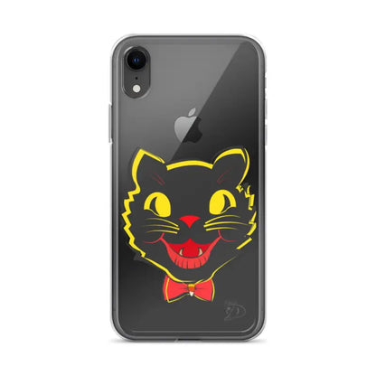 Yellow and red cartoon cat face with bow tie on a sleek iPhone® case with aligned port openings